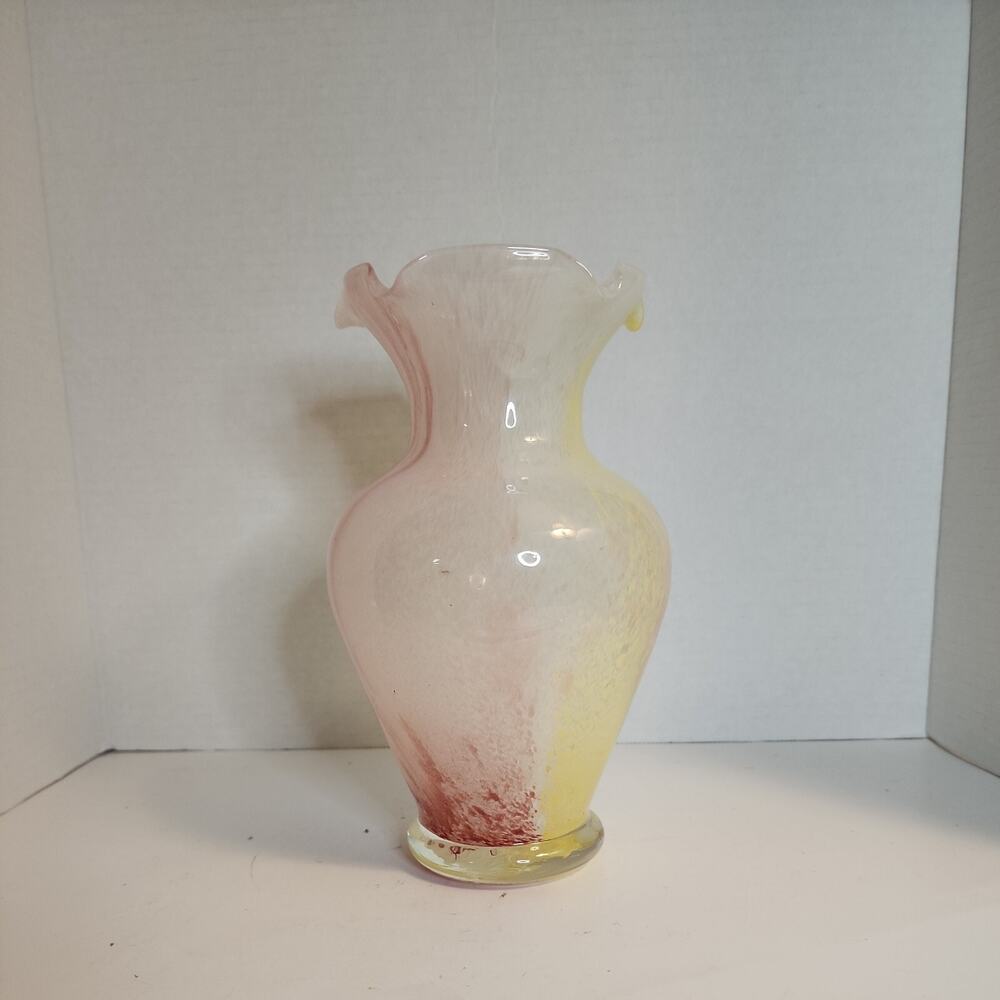 Crystal Clear Italian Glass Vase Pink, Yellow, White Swirl Hand Blown Ruffle Top